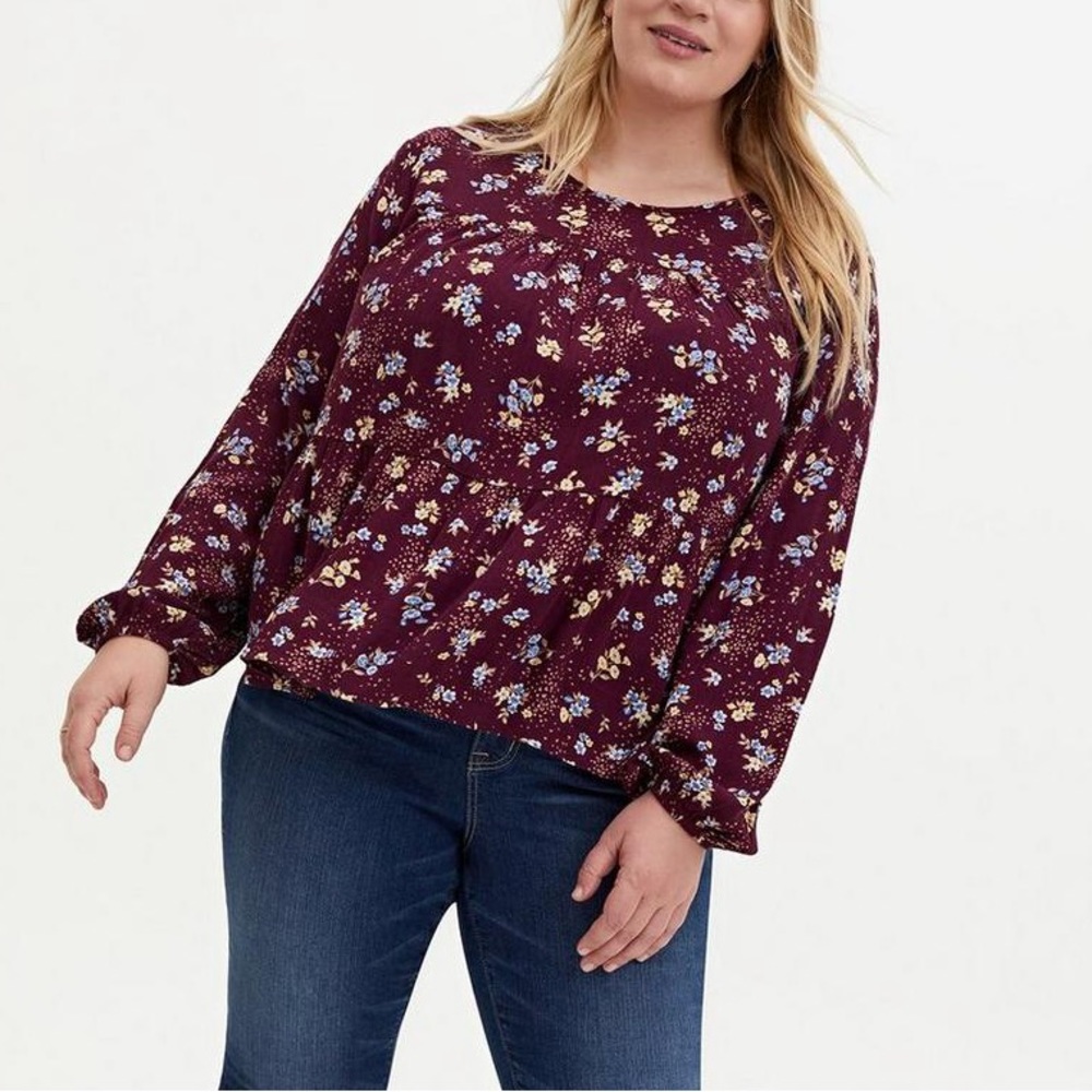 Torrid Plus Size 2X Crinkle Gauze Floral Burgundy Blouse